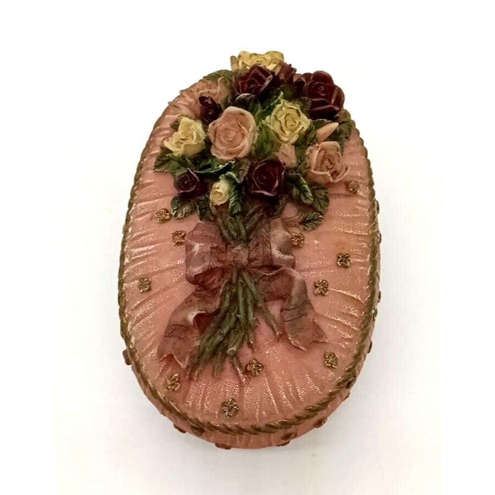 Vintage Pink Resin Oval Raised Floral 4.5" Covered Trinket Dish